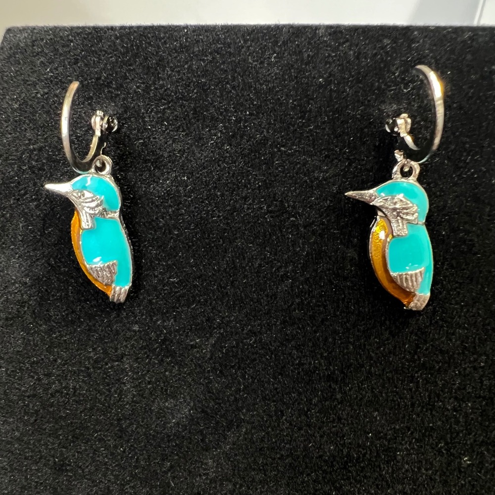 Ryndesigns Kingfisher Bird Enamel Leverback Earrings Turquoise Orange Silver